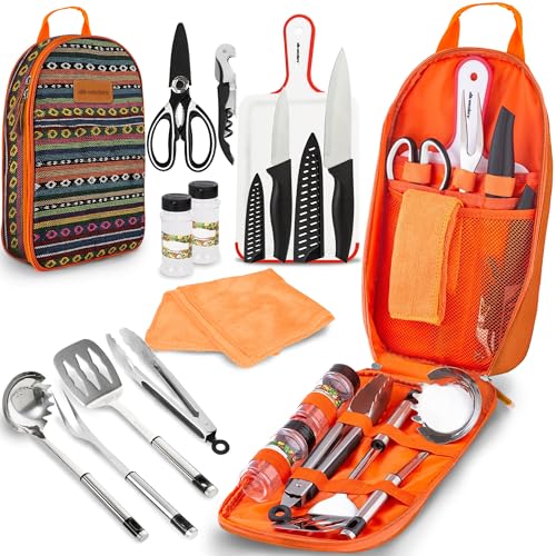 Wealers Camp Kitchen Cooking Utensil Set Travel Organizer Grill Accessories Portable Compact Gear for Backpacking BBQ Camping Hiking Travel Cookware Kit Water Resistant Case - color: 12 Pieces Orange