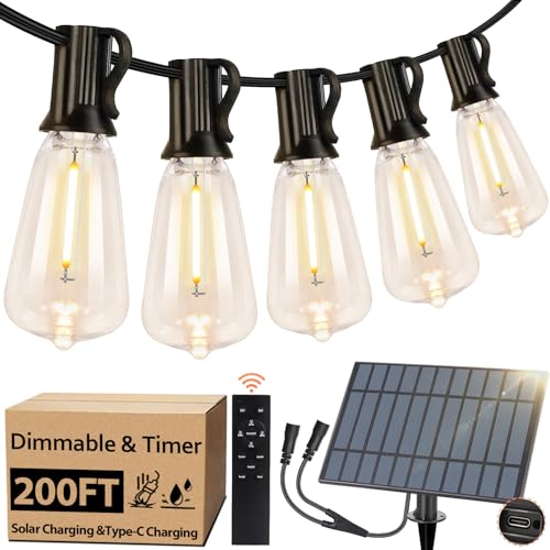 Bosceos Solar Outdoor String Lights Waterproof, 200FT Solar Powered String Lights for Outside with Shatterproof Bulbs, Dimmable ST38 LED Lights String, Patio Hanging Lights for Backyard Garden Party - size: 200FT(100FT*2)