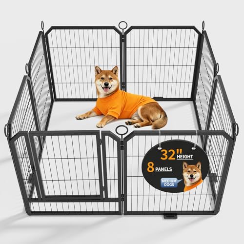 Dog Playpen Indoor 32 Inch 8 Panels Pet Pen with Door & Stakes Portable Exercise Puppy Playpens Metal Dogs Fence Outdoor for Yard RV Camping Training Trips Small Medium Dogs Foldable Expandable - size: 32 Inch