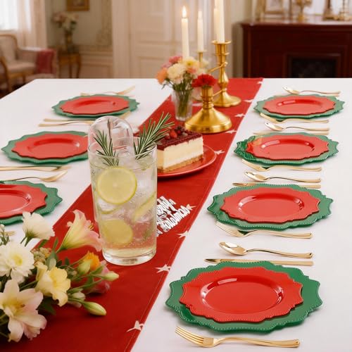 COLOSUS 100pcs Red and Green Plastic Plates, Red and Green Christmas Plastic Plates, Heavy Duty 25 Green/Red Dinner plate 10.5” and 25 Red/Green Salad/Dessert Plate 8.25” suite for Festival - color: Red and Green