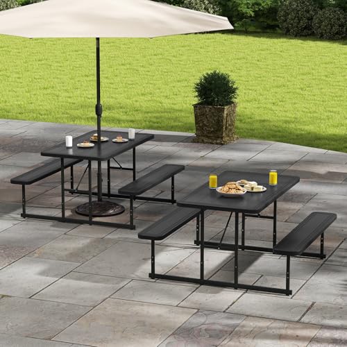 LDAILY Picnic Tables with Benches, Rectangular Dining Table Set for Outside 4 People, HDPE Tabletop, Metal Frame, Umbrella Hole, Heavy Duty Picnic Table for Outdoors, Patio, Lawn, Commercial (Black) - color: Black