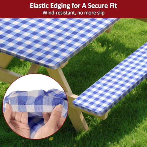 6ft Picnic Table and Bench Cover, Camping Essentials RV Gear, 72in Waterproof Windproof Outdoor Elastic All Around Tablecloth, Fitted Rectangle Tables and Seats, Blue-White Checkered - color: Blue-white Checkered, size: 72"