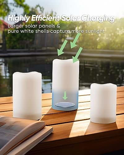 Homemory Solar Powered Candles Outdoor Waterproof, Flickering Glow, Rechargeable Candles, Solar Powered Candles for Outside, Lanterns, Sensor Only, Dusk to Dawn, Set of 3 - size: D3"xH4"5"6", 3 Pcs, Plastic