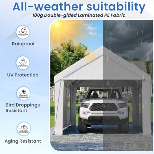 Bezseller 12x20 FT Heavy Duty Carport Canopy with Removable Sidewalls, Portable Garage Tent with Roll-Up Windows & Doors, Car Port with All-Season Tarp for Cars, Boats, Trucks, Motorcycles, White - color: White, size: 12 X 20