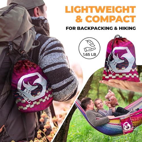 Foxelli Camping Hammock – Ultralight Hammock for Backpacking, Hiking, Festivals, Travel - Easy Setup with Tree-Friendly Ropes & Steel Carabiners, Heavy Duty Parachute Nylon - color: Indian_summer