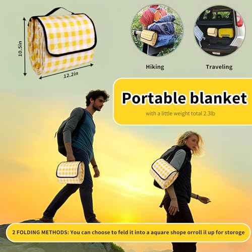 CUNCUI Picnic Outdoor Blankets, Extra Large 79x79in Beach Blanket, Thick 3-Layers Camping Waterproof Mat for Camp Hiking Park, Portable Foldable Rug for Family-Yellow, Sandproof & Machine Washable - color: Yellow