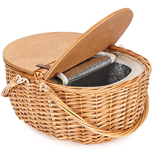 Wicker Picnic Basket with Cooler, Wooden Split Lid Picnic Basket, Vintage-Style Wicker Picnic Hamper with Folding Woven Handle for Picnic, Camping, Outdoor, Valentine Day, Thanks Giving, Birthday - color: White W/Cooler