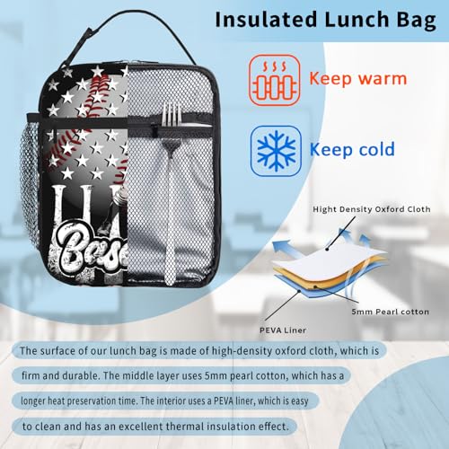 Kids Lunch Box For School Insulated Baseball Lunchbox Reusable Portable Sports Ball American Flag Lunch Bag With Adjustable Shoulder Strap For Boys Girls School Picnic Hiking Work - color: baseball