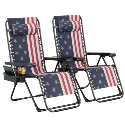 Garvee Zero Gravity Chair Set of 2, Patio Lounge Chair Outdoor with Pillow & Cup Holder Tray, Adjustable Reclining Chair, Folding Portable Camping Chair for Deck, Beach, Yard, Garden - color: American Flag