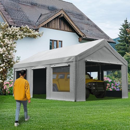 Quictent Heavy Duty 12x20 ft Carports with Side Zipper Doors & Snowproof Steel Cables & Ventilated Windows, Waterproof Storage Shelter for Car, Boat, RV, Outdoor Equipment, Gray - color: Gray, size: 12'x20' Standard