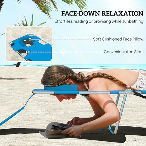 Outsunny Chaise Lounge Chair Outdoor with Face Arm Hole, 5-Position Reclining Face Down Tanning Chair with Carry Strap, Side Pocket, Portable Folding Bed Cot for Patio Beach Pool, Light Blue - color: Light Blue, size: 1 Piece