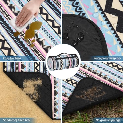 Picnic Blankets Extra Large Outdoor - Beach Blanket Waterproof Sandproof with Shoulder Strap, Machine Washable, Picnic Mat with Stakes for Grass Concert, Park.BohoGeometry - color: Black