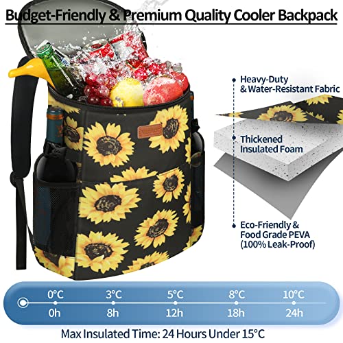 Camping Cooler Backpack 30 45 Cans, Soft Backpack Coolers Insulated Leak Proof Travel Cooler Bag Waterproof Lunch Picnic Beach Work Trip Thermal Bag Drink Beverage Beer Bag Cooler - color: Sunflower Floral, size: 30 Cans