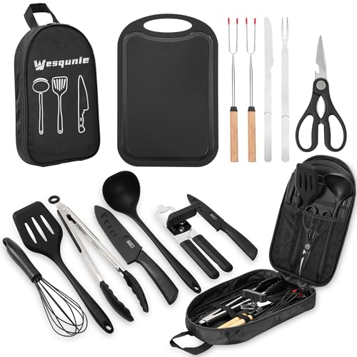 Wesqunie Camping Essentials Cookware Cooking Utensils Set - Portable Camp Kitchen Mess Kit Outdoor Accessories, Stainless Steel & Silicone, Camping Gear Equipment for RV Picnic Grill, 14PCS Black - color: 14PCS Black