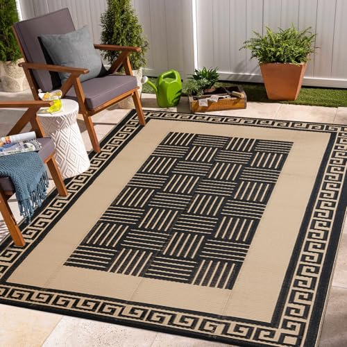 YONILE Outdoor Rug 9x18 ft Waterproof, Reversible Outdoor Plastic Straw Rug for Patios Clearance, Outdoor Area Rug Carpet RV Mat for Camping Backyard Deck Porch - color: Black&coffee-striped, size: 9x18ft