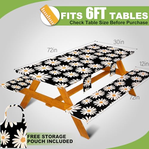 Fitted Picnic Table Cover with Bench Covers, Windproof Vinyl Table Cloths Outside Camping Cooking Backyard Furniture Seat Cushion Tablecloth Activities Party Decor Decorations Para Acampar Equipment - color: Black Daisy, size: 72in