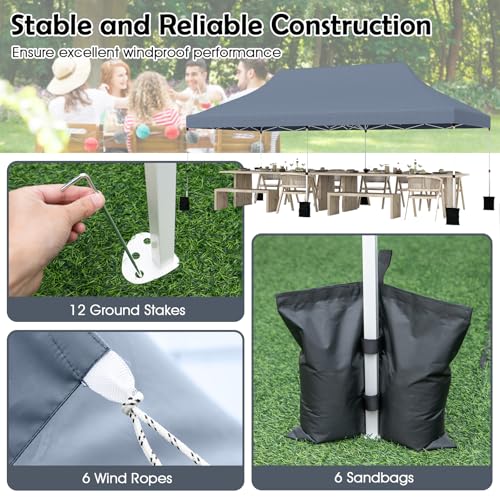 Tangkula 10x20 Ft Pop Up Canopy, Instant Setup Outdoor Tent with 6 Sand Bags, 12 Stakes & 6 Ropes, UPF 50+ Portable Canopy Tent with Carrying Bag for Camp, Beach, Patio (Grey) - color: Gray, size: 10x20 Ft