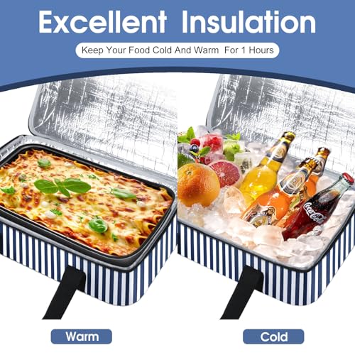 Insulated Casserole Carrier, Portable Casserole Carrier for Hot or Cold Food Lunch Tote Warmer or Cooler Bag, Lasagna Lunch Bag for Potluck Parties- Fits 9" x 13" Baking Dish-Blue Stripes - color: Blue Stripes, size: 16x10x4 in