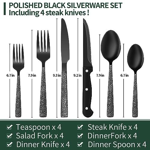 EWFEN 24-Piece Black Silverware Set with Steak Knives, Black Flatware Set for 4, Food-Grade Stainless Steel Tableware Cutlery Set, Mirror Finished Utensil Sets for Home Restaurant, Hammered Edge - style: Hammered Edge