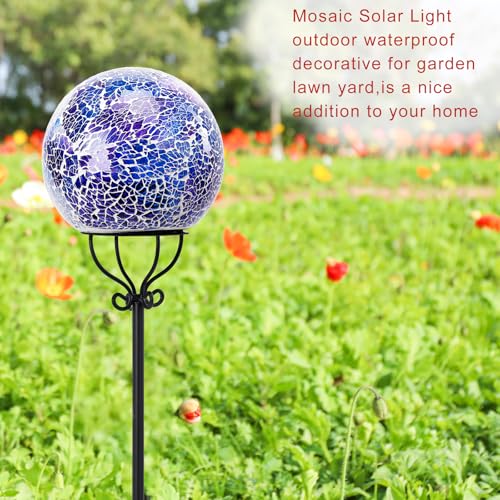 VCUTEKA Solar Outdoor Lights Garden Decor Mosaic Solar Garden Lights Waterproof Glass Ball LED Pathway Stake Light for Landscape Lawn Patio Yard Decoration 6 inch, Blue - color: Blue