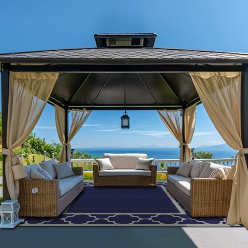 GENIMO 10 'x10 ' Outdoor Rug for Patio Clearance, Waterproof Indoor Outdoor Plastic Straw Rugs Carpet, Reversible Outside Area Rv Mat for Camping, Balcony Porch, Deck, Picnic, Beach (Blue & Grey) - color: Blue & Grey, size: 10' x 10' (Square)