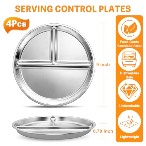 hunnycook Stainless Steel Plates - 4-Pack 9-Inch Unbreakable Stainless Steel Plate Set with 3 Partitions, Safe & Rust-Resistant Balanced Meals Plates for Dinner, Outdoors