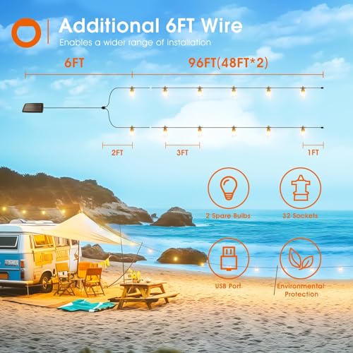 addlon 102FT(96+6) Solar String Lights Outdoor Waterproof with USB Charging & Remote Control - Dimmable Solar Power Patio Lights with LED Bulbs for Porch, Garden, Yard, Market, Bistro - Lasts 20+ Hrs - size: 96+6FT(32 Sockets)