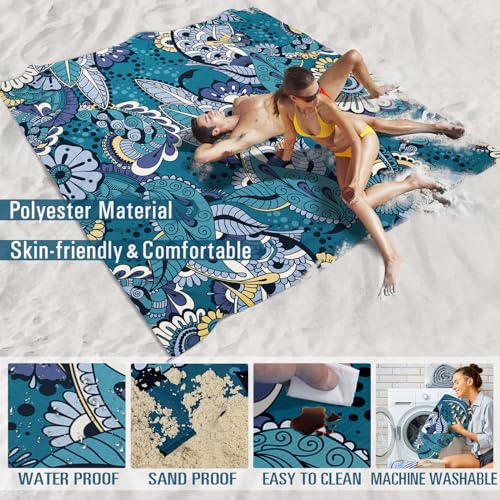 Famstar Beach Blanket Sandproof Waterproof 78''×81''1-5 Adults Oversized,Compact Lightweight Durable Beach Mat for Travel Camping Hiking Picnic Blanket - color: Green Flower, size: 78''×81''