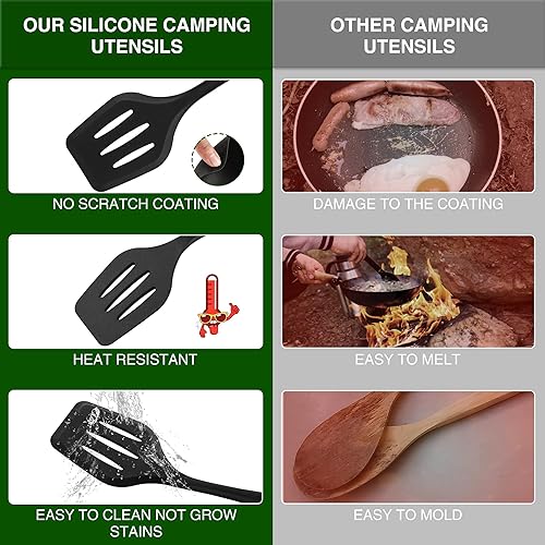 Wesqunie Camping Essentials Cookware Cooking Utensils Set - Portable Camp Kitchen Mess Kit Outdoor Accessories, Stainless Steel & Silicone, Camping Gear Equipment for RV Picnic Grill, 14PCS Black - color: 14PCS Black