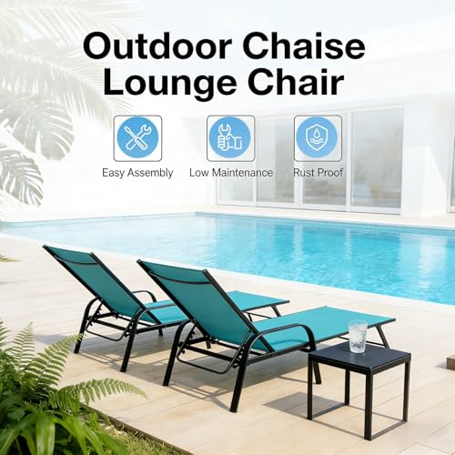 Simple Delxue Folding Chaise Lounge Chair with 5 Reclining Positions, Beach Recliner Chair with Armrests, Textilene Fabric & Steel Frame, Outdoor Patio Poolside Seating, 350 LBS Capacity, Cyan