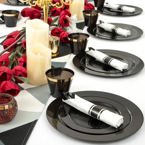EI 350pcs Black Plastic Plates Disposable Heavy Duty Plastic Dinnerware Set Pre Silverware and Napkins Set Black and Gold Cups for Party Suit for Party,Wedding,Afternoon Tea,Spring,Valentine's Day - color: Black Plastic Plates Dinnerware
