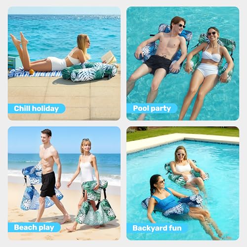 SLOOSH Inflatable Pool Floats Adult,2 Packs Floating Lounge Chairs,Blow up Pool Noodles for Adult Heavy Duty,Floating Chair for Party Summer Water Beach Lake Fun - style: Tropical Leaves-Green,Blue