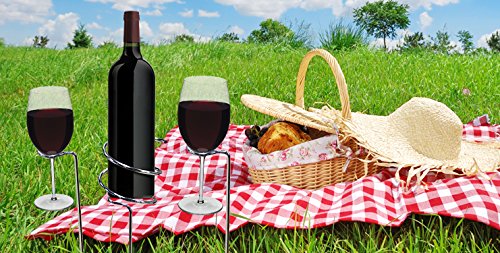 Basily Wine Stake Set - holds your wine and glasses in the ground, prevents from spilling and breaking, Stainless Steel