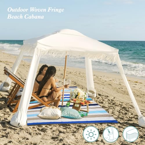 AMMSUN Beach Cabana with Blanket, 7' x 7' Boho Canopy with Tassels, Premium Wood Pole, Fringe Cabana Tent with Sand Pockets, Instant Sun Shade for Sand, Garden, Outdoor, Elegant White - color: Elegant White with Colorful Beach Blanket