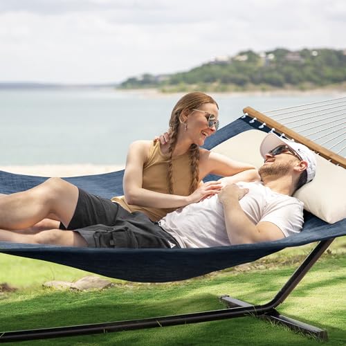 SUNCREAT Hammocks for Outside with Stand, Quick Dry Two Person Hammock with Head Pillow, 450 lbs Capacity, Navy - color: Navy, size: 78.7 x 55.1 in, Hammock with 144 in Stand