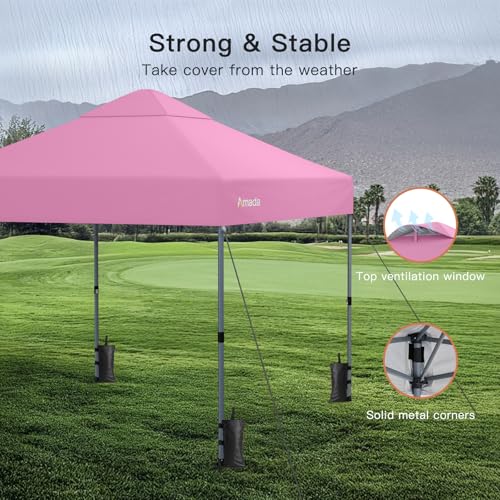 Amada 10x10 Pop Up Canopy Tent, 1-Button Push Easy-up Outdoor Canopy Beach Tent with 3-Height Adjustable Waterproof Shade Shelter, Wheeled STO-N-Go Bag 8 Stakes, 4 SandBags (Pink) - color: Pink, size: 10x10ft