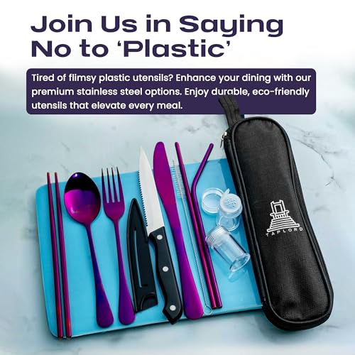 Taplord Portable Travel Silverware Set With Case, Includes 10 Pcs of Travel Utensils With Case, Stainless Steel Flatware Set For Camping, Lightweight (Purple) - color: Purple, size: 10 Pieces