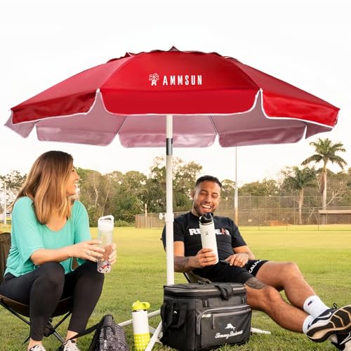 AMMSUN Shade Umbrella, Premium Portable Umbrella with Stand, 6.5ft Lightweight Free Standing Canopy for Sporting Games, Adjustable Instant Sun Protection and Easy to Carry, Red - color: Red