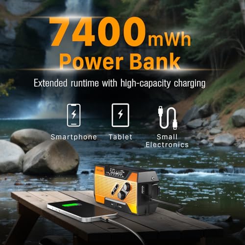 FosPower NOAA Emergency Weather Radio A1 7400mWh Portable Power Bank, AM/FM, USB/Solar/Hand Crank Charging, Battery Operated, SOS Alarm & Flashlight for Indoor/Outdoor Emergency - Orange - color: 01 - Model A1 - Orange