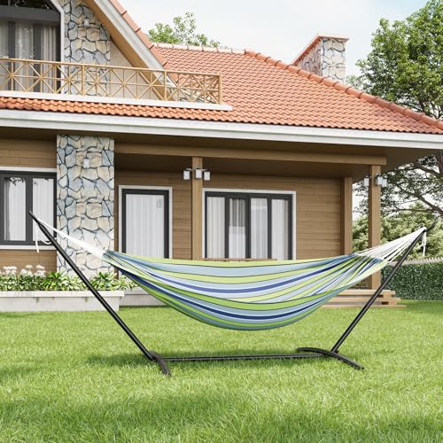 TrailBlaze Double Hammock with Stand, Heavy Duty Portable Steel Hammock Set for Outdoor and Indoor Use, 500lb Capacity, Includes Carrying Bag, Space Saving Design,Quick Assembly - color: Blue-green Stripes