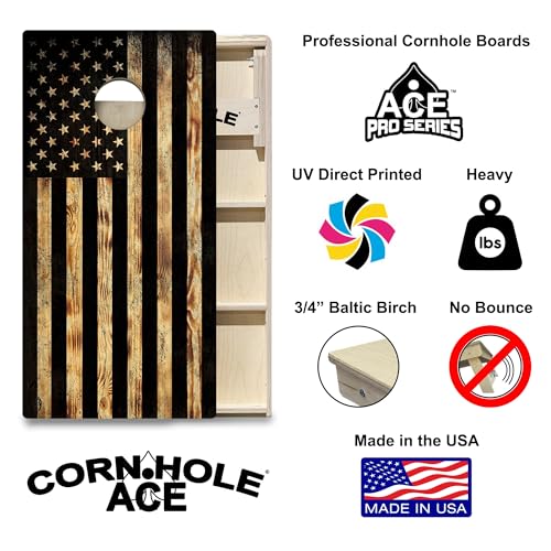 CornholeAce ACE PRO American Flag Cornhole Board Set - No Bounce! Triple Wide Legs, 3/4" Baltic Birch Plywood, Handles, Regulation Size (4x2ft), Tournament Style, Made in USA - color: Burnt Wood USA Flag