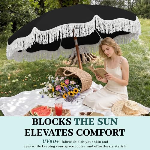 AreShark 7ft Patio Umbrella with Fringe, UPF50+ Beach Umbrella for Table, Pool & Garden, Portable Outdoor Tassels Umbrella w/Fiberglass Ribs&Push Bottom Tilt(Black) - color: Black, size: 7FT