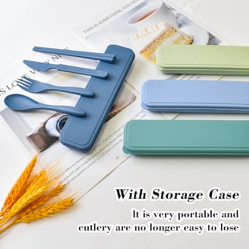 Reusable Utensils Set with Case, 4 Sets Portable Travel Cutlery Set, Wheat Straw Flatware Sets for Kids Adults, Camping Eating Utensils Sets for Daily Use or Outdoor