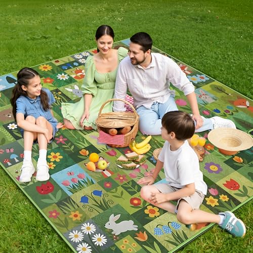 Supfitness Extra Large Picnic Blankets Waterproof Foldable (80 "x 80") Beach Blanket Waterproof Sandproof,3-Layer Thicking Mat Outdoor Packable Camping Blanket(Bohemian) - color: Dark Green, size: 80x80in