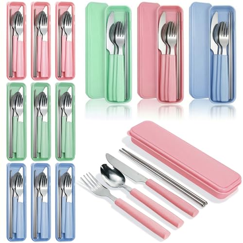 Nicunom 9 Pack Reusable Travel Utensils with Case, Portable Stainless Steel Flatware Set, Knife Fork Spoon Chopsticks, for Camping Lunch Box Picnic