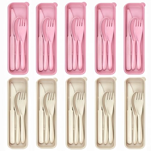 10 Set Reusable Travel Utensils Set with Case,Wheat Straw Travel Cutlery Set Portable Knife Fork Spoons Tableware Picnic Silverware for Party, Picnic, Camping, Kitchen, Camping-Beige&Pink - color: Beige&Pink