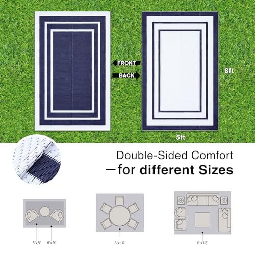 OLANLY Outdoor Rug 5x8 ft Waterproof, Reversible Outdoor Plastic Straw Rug, RV Mat, Indoor Outdoor Carpet Clearance for Patio, Camping, Balcony, Deck, Backyard, Navy & White - color: Navy Blue & White, size: 5' X 8' (Rectangular)