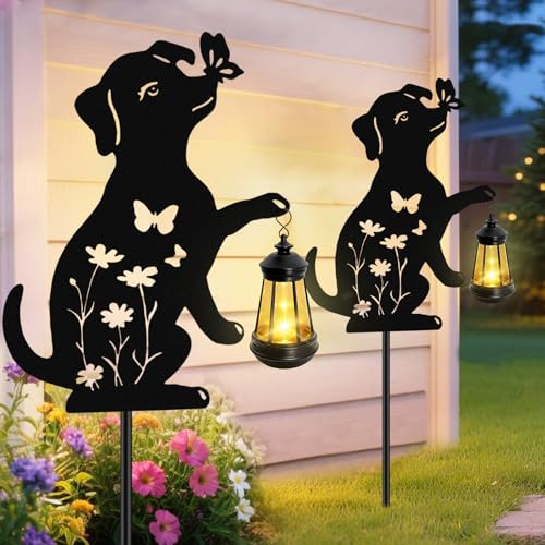 Solar Lights Outdoor, 2 Pack Metal Dog Solar Lights, Birthday Gifts for Women Mom Mother's Day, Waterproof Metal Hanging Lantern Stakes Garden Decor Outside Patio Yard Pathway Backyard,Lawn - color: Dog-Warm White-2 Pack