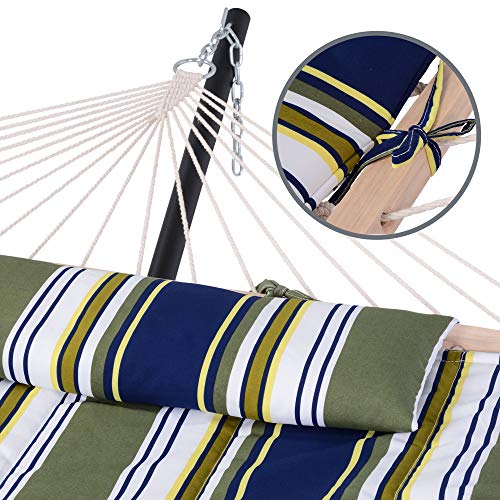 SUNCREAT Hammocks Outdoor Double Hammock with Hardwood Spreader Bar, Cotton Rope Hammock with Polyester Pad, Blue&Aqua - color: Blue&aqua
