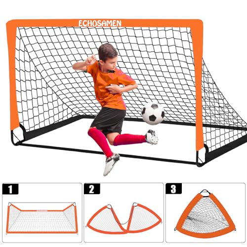 Kids Soccer Goals for Backyard, 2 of 6 x 4 ft Kids Soccer Goal Set Soccer Net with 10 Soccer Cones, Agility Ladder & Carry Bag, Portable Soccer Training Equipment. - color: Orange